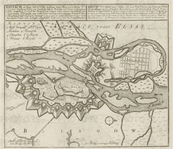 Brisach, a German city in Alsace, recaptured by the French in 1703, Map of Breisach, Les Principales Forteresses & Villes Fortes, d'Espagne, de France, d'Italie, de Savoy, d'Allemagne & des Païs-Bas, Accurate Illustrations of the Main Strong Cities and Fortresses in Spain, France, Italy, Savoy, Germany and the Netherlands, print, album page, map, Map of the fortifications around the German city of Breisach, conquered by the French in 1703. With texts in Dutch and French., printmaker: Abraham Allard, Amsterdam, printmaker: Carel Allard, publisher: Carel Allard, publisher: Pieter van der Aa (I), Leiden, grantor of privilege: States of Holland and West-Friesland, 1701 - 1733, Abraham Allard, Carel Allard, Pieter van der Aa (I), States of Holland and West-Friesland, publisher, grantor of privilege, paper, etching, height 239 mm x width 274 mm, fortifications, military engineering, maps of cities, War of Spanish Succession, Baden-Württemberg, Breisach, Period, 1701 - 1713, A detailed monoch...