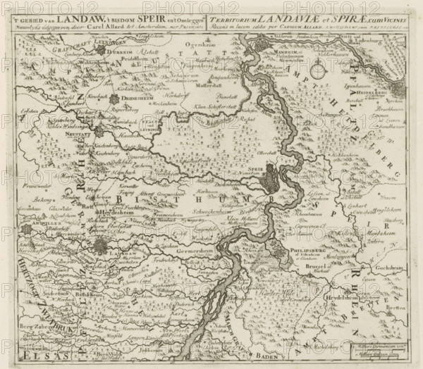 t Landaw area, the diocese of Speir and the surrounding area, Landauiae et Spirae territory, cum Vicinis, Map of the region between Mannheim and Landau, Les Principales Forteresses & Villes Fortes, d'Espagne, de France, d'Italie, Savoia, d'Allemagne & des Païs-Bas, Accurate Images of the Most Important Strong Cities and Fortresses in Spain, France, Italy, Savoy, Duytsland and the Netherlands, print, album page, map, Map of the region between Mannheim, Speyer and Landau. With texts in Dutch and Latin., printmaker: Abraham Allard, Amsterdam, printmaker: Carel Allard, publisher: Carel Allard, publisher: Pieter van der Aa (I), Leiden, grantor of privilege: States of Holland and West Friesland, 1701 - 1733, Abraham Allard, Carel Allard, Pieter van der Aa (I), States of Holland and West Friesland, publisher, grantor of privilege, paper, etching, height 245 mm x width 279 mm, maps of separate countries or regions, War of Spanish Succession, Rhineland-Palatinate, Baden-Württemberg, Landau in d...