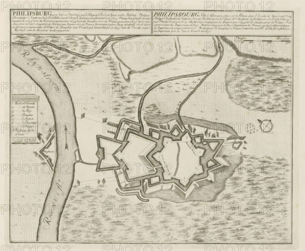 Map of Philippsburg, Philipsburg, a city in Germany on the Rhine in the diocese of Speir, Les Principales Forteresses & Villes Fortes, d'Espagne, de France, d'Italie, de Savoië, d'Allemagne & des Païs-Bas, Accurate Illustrations of the Main Strong Cities and Fortresses in Spain, France, Italy, Savoy, Germany and the Netherlands, print, album page, map, Map of the fortifications around the German city of Philippsburg. With texts in Dutch and French., printmaker: Abraham Allard, Amsterdam, printmaker: Carel Allard, publisher: Carel Allard, publisher: Pieter van der Aa (I), Leiden, grantor of privilege: States of Holland and West Friesland, 1702 - 1733, Abraham Allard, Carel Allard, Pieter van der Aa (I), States of Holland and West Friesland, publisher, grantor of privilege, paper, etching, height 234 mm x width 284 mm, fortifications, military engineering, maps of cities, War of Spanish Succession, Rhine, Baden-Württemberg, Philippsburg, Period, 1701 - 1713, A detailed monochrome map sho...
