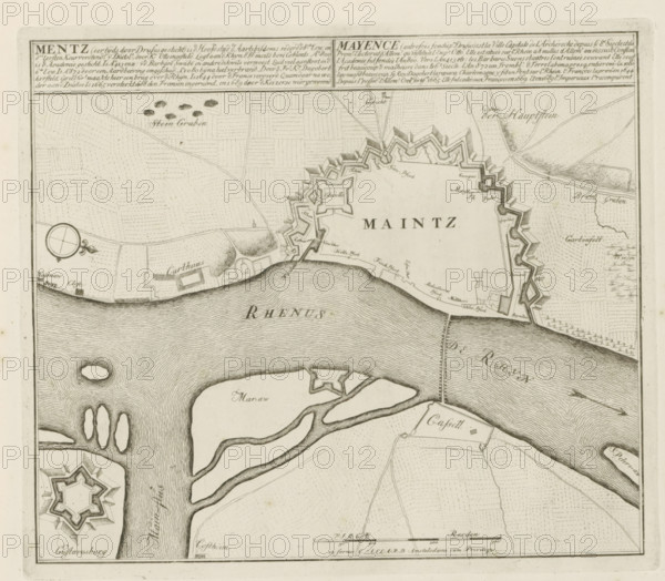 Map of Mainz, Mentz, is the capital of the archbishoprics, The Principal Fortifications & Fortresses of Spain, France, Italy, Savoy, Germany & the Netherlands, Accurate Illustrations of the Main Strong Cities and Fortifications in Spain, Germany and the Netherlands, print, album page, map, Map of the fortifications around the German city of Mainz, located on the Rhine. With texts in Dutch and French., printmaker: Abraham Allard, Amsterdam, printmaker: Carel Allard, publisher: Pieter van der Aa (I), Leiden, grantor of privilege: States of Holland and West Friesland, 1702 - 1733, paper, etching, height 239 mm x width 277 mm, fortifications, military engineering, maps of cities, War of Spanish Succession, Rhine, Rhineland-Palatinate, Mainz, Period, 1701 - 1713, A detailed black and white engraved map showing a fortified city with angular bastions along a riverbank, surrounding walls and a central citadel, adjacent water with rippling line shading and several islands, patterned fields and ...