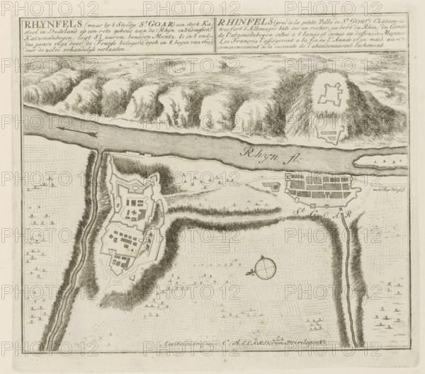 Map of Rheinfels Castle and the town of Sankt Goar, Rhynfels (where by the small town of St. Goar) a strong castle in Germany, besieged by the French at the end of the year 1692, but shamefully abandoned by them at the beginning of 1693, Les Principales Forteresses & Villes Fortes, d'Espagne, de France, d'Italie, de Savoië, d'Allemagne & des Païs-Bas, Accurate Illustrations of the Main Strong Cities and Fortresses in Spain, France, Italy, Savoy, Germany and the Netherlands, print, album page, map, Map of Rheinfels and Sankt Goar. With texts in Dutch and French., printmaker: Abraham Allard, Amsterdam, printmaker: Carel Allard, publisher: Carel Allard, publisher: Pieter van der Aa (I), Leiden, grantor of privilege: States of Holland and West Friesland, 1702 - 1733, Abraham Allard, Carel Allard, Pieter van der Aa (I), States of Holland and West Friesland, publisher, grantor of privilege, paper, etching, height 244 mm x width 276 mm, fortifications, military engineering, maps of cities, Wa...
