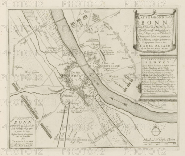 Siege of Bonn, Map of Bonn, as it was besieged by the Germans and the Allies on May 5, 1703, and surrendered by the French on the 16th by agreement, Les Principales Forteresses & Villes Fortes, d'Espagne, de France, d'Italie, de Savoië, d'Allemagne & des Païs-Bas, Naaukeurige Illustratie der Voornaamste Sterke Steden en Vestingen in Spanjen, Vrankryk, Italien, Savoyen, Duytsland en Nederlanden, print, album page, map, Siege of the German city of Bonn by the Allies from May 5 and capture after surrender by the French on May 15 (or 16) 1703. Map with a plan of the fortifications around the city and the positions of the besieging troops. With texts in Dutch and French., printmaker: Abraham Allard, Amsterdam, printmaker: Carel Allard, publisher: Carel Allard, publisher: Pieter van der Aa (I), Leiden, grantor of privilege: States of Holland and West Friesland, 1703 - 1733, Abraham Allard, Carel Allard, Pieter van der Aa (I), States of Holland and West Friesland, publisher, grantor of privil...