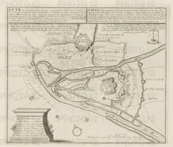 Luyk, the capital of the diocese of that name, the City is 1702, 14 Oct. allocated by the authorities to the Allies by treaty, Map of Liège, Les Principales Forteresses & Villes Fortes, d'Espagne, de France, d'Italie, de Savoië, d'Allemagne & des Païs-Bas, Accurate Illustrations of the Principal Strong Cities and Fortresses in Spain, France, Italy, Savoy, Germany and the Netherlands, print, album page, map, Map of the city of Liège, captured by the Allies from the French, October 14-29, 1702. With texts in Dutch and French., printmaker: Abraham Allard, Amsterdam, printmaker: Carel Allard, publisher: Carel Allard, publisher: Pieter van der Aa (I), Leiden, grantor of privilege: States of Holland and West Friesland, 1702 - 1733, Abraham Allard, Carel Allard, Pieter van der Aa (I), States of Holland and West Friesland, publisher, grantor of privilege, paper, etching, height 238 mm x width 274 mm, fortifications, military engineering, maps of cities, War of Spanish Succession, Capture of Li...