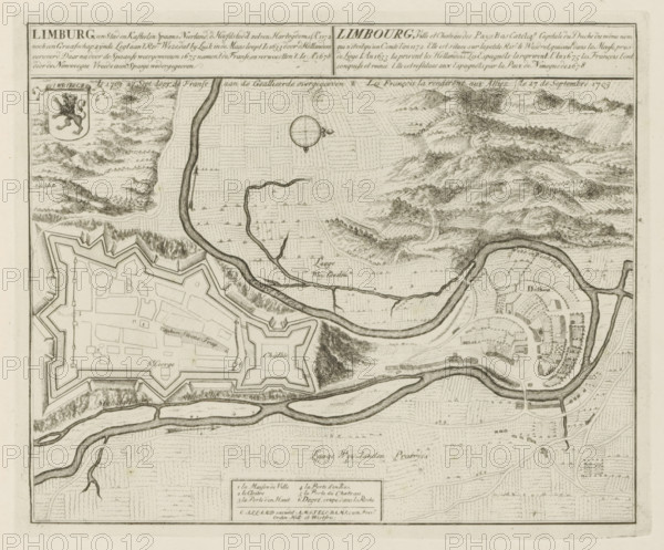 Map of Limburg, Limburg, a city and castle, in the Spanish Netherlands, Is 1703 27 Sept: surrendered by the French to the Allies, Les Principales Forteresses & Villes Fortes, d'Espagne, de France, d'Italie, de Savoië, d'Allemagne & des Païs-Bas, Accurate Illustrations of the Main Strong Cities and Fortresses in Spain, France, Italy, Savoy, Germany and the Netherlands, print, album page, map, Map of the city of Limburg (Limbourg) in the Spanish Netherlands, conquered by the Allies from the French, 27 September 1703. With texts in Dutch and French., printmaker: Abraham Allard, Amsterdam, printmaker: Carel Allard, publisher: Carel Allard, publisher: Pieter van der Aa (I), Leiden, grantor of privilege: States of Holland and West Friesland, 1703 - 1733, Abraham Allard, Carel Allard, Pieter van der Aa (I), States of Holland and West Friesland, publisher, grantor of privilege, paper, etching, height 235 mm x width 284 mm, fortifications, military engineering, maps of cities, War of Spanish Su...