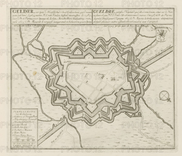 Map of Geldern, Gelder, formerly the capital of all Gelderland, passed to the King of Prussia in 1703, Les Principales Forteresses & Villes Fortes, d'Espagne, de France, d'Italie, de Savoië, d'Allemagne & des Païs-Bas, Accurate Illustrations of the Main Strong Cities and Fortresses in Spain, France, Italy, Savoy, Germany and the Netherlands, print, album page, map, Map of the city of Geldern (Gelder), besieged and conquered by the Prussian troops on December 17, 1703. With texts in Dutch and French., printmaker: Abraham Allard, Amsterdam, printmaker: Carel Allard, publisher: Carel Allard, publisher: Pieter van der Aa (I), Leiden, grantor of privilege: States of Holland and West Friesland, 1703 - 1733, Abraham Allard, Carel Allard, Pieter van der Aa (I), States of Holland and West Friesland, publisher, grantor of privilege, paper, etching, height 235 mm x width 275 mm, fortifications, military engineering, maps of cities, War of Spanish Succession, Siege and capture of Geldern (1703), N...