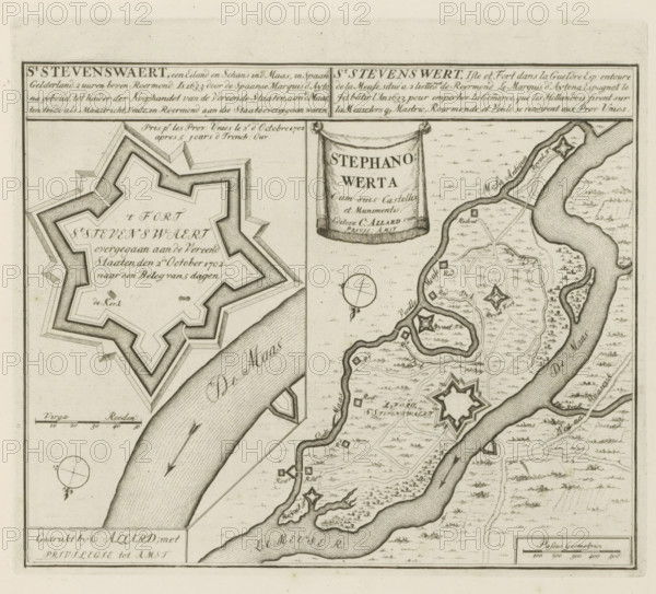 St Stevenswaert, an island and redoubt in the Meuse, in Spanish Gelderland, 2 hours north of Roermond, Plan of the fort of Stevensweert, Les Principales Forteresses & Villes Fortes, d'Espagne, de France, d'Italie, de Savoië, d'Allemagne & des Païs-Bas, Accurate Illustrations of the Main Strong Cities and Fortresses in Spain, France, Italy, Savoy, Germany and the Netherlands, print, album page, map, Plan of the fort of Stevensweert with a map of the wider area. Transferred to the United Netherlands after siege, October 2, 1702. With texts in Dutch, French, and Latin., printmaker: Abraham Allard, Amsterdam, printmaker: Carel Allard, publisher: Carel Allard, publisher: Pieter van der Aa (I), Leiden, grantor of privilege: States of Holland and West Friesland, 1702 - 1733, Abraham Allard, Carel Allard, Pieter van der Aa (I), States of Holland and West Friesland, publisher, grantor of privilege, paper, etching, height 247 mm x width 288 mm, fortress, maps of cities, War of Spanish Succession...