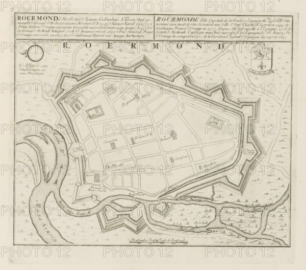 Roermond, d Capital of Spanish Gelderland, 1702 7 Oct: passed to the United States after a siege of 7 days, Map of Roermond, Les Principales Forteresses & Villes Fortes, d'Espagne, de France, d'Italie, de Savoië, d'Allemagne & des Païs-Bas, Accurate Illustrations of the Main Strong Cities and Fortresses in Spain, France, Italy, Savoy, Germany and the Netherlands, print, album page, map, Map of the city of Roermond. Transferred to the United Netherlands after siege, October 7, 1702. With texts in Dutch and French., printmaker: Abraham Allard, Amsterdam, printmaker: Carel Allard, publisher: Carel Allard, publisher: Pieter van der Aa (I), Leiden, grantor of privilege: States of Holland and West Friesland, 1702 - 1733, Abraham Allard, Carel Allard, Pieter van der Aa (I), States of Holland and West Friesland, publisher, grantor of privilege, paper, etching, height 247 mm x width 282 mm, fortifications, military engineering, maps of cities, War of Spanish Succession, Capture of Roermond (170...