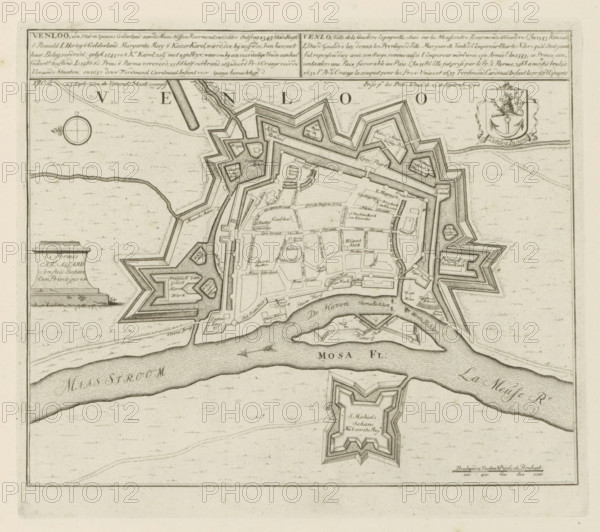 Venloo, a city in Spanish Gelderland, 1702 Sept 23: passed to the United States, Map of Venlo, Les Principales Forteresses & Villes Fortes, d'Espagne, de France, d'Italie, de Savoië, d'Allemagne & des Païs-Bas, Accurate Illustrations of the Main Strong Cities and Fortresses in Spain, France, Italy, Savoy, Germany and the Netherlands, print, album page, map, Map of the city of Venlo. Transferred to the United Netherlands after siege, September 23, 1702. With texts in Dutch and French., printmaker: Abraham Allard, Amsterdam, printmaker: Carel Allard, publisher: Carel Allard, publisher: Pieter van der Aa (I), Leiden, grantor of privilege: States of Holland and West Friesland, 1702 - 1733, Abraham Allard, Carel Allard, Pieter van der Aa (I), States of Holland and West Friesland, publisher, grantor of privilege, paper, etching, height 248 mm x width 283 mm, fortifications, military engineering, maps of cities, War of Spanish Succession, Capture of Venlo (1702), Venlo, Meuse, Period, 1701 - ...