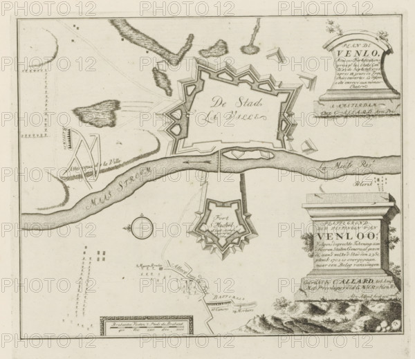 Map of the fortifications of Venlo, according to the accurate drawing sent to the Lords States General, to whom the City entered into a 12-day siege on September 23, 1702, Les Principales Forteresses & Villes Fortes, d'Espagne, de France, d'Italie, de Savoië, d'Allemagne & des Païs-Bas, Accurate Illustrations of the Main Strong Cities and Fortresses in Spain, France, Italy, Savoy, Germany and the Netherlands, print, album page, map, Map of the fortifications around the city of Venlo. Transferred to the United Netherlands after siege, September 23, 1702. With texts in Dutch and French., printmaker: Abraham Allard, Amsterdam, publisher: Carel Allard, publisher: Pieter van der Aa (I), Leiden, grantor of privilege: States of Holland and West Friesland, 1702 - 1733, Abraham Allard, Carel Allard, Pieter van der Aa (I), States of Holland and West Friesland, printmaker, publisher, grantor of privilege, paper, etching, height 248 mm x width 280 mm, fortifications, military engineering, maps of ...
