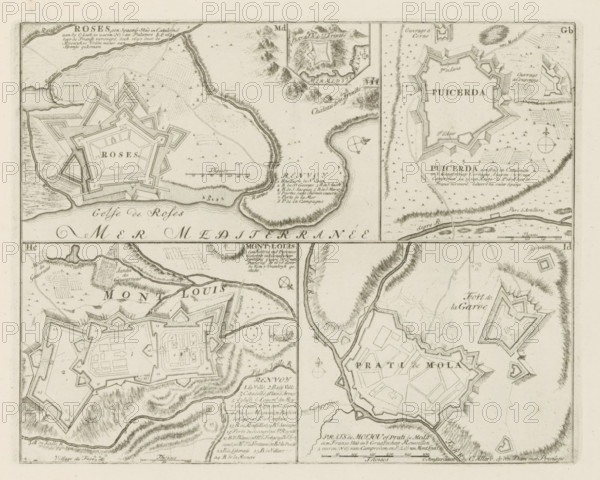 Roses, Puicerda, Mont-Louis, Prati de Mola, Cities in Catalonia and Southern France, The Principal Fortresses & Fortresses of Spain, France, Italy, Savoyard, Germany & the Netherlands, Accurate Illustrations of the Main Strong Cities and Fortresses in Spain, Savoy, Germany and the Netherlands, print, album page, map, Presentation with four maps of cities in Catalonia and Southern France during or just before the War of Spanish Succession. With texts in Dutch and French., printmaker: Abraham Allard, Amsterdam, printmaker: Carel Allard, publisher: Pieter van der Aa (I), Leiden, grantor of privilege: States of Holland and West Friesland, 1701 - 1733, paper, etching, height 218 mm x width 280 mm, fortifications, military engineering, maps of cities, War of Spanish Succession, Catalonia, Southern France, Prats-de-Mollo-la-Preste, Puigcerdá, Period, 1701 - 1713, A sepia-toned engraving showing four map panels arranged in a grid, each panel depicting a fortified town with star-shaped bastions...
