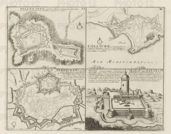 Cities and a castle in the county of Roussillon, Belle-Garde, Colliure, Perpignan, the Castle of Salses, Les Principales Forteresses & Villes Fortes, d'Espagne, de France, d'Italie, de Savoie, d'Allemagne & des Païs-Bas, Accurate Illustrations of the Main Strong Cities and Fortresses in Spain, France, Italy, Savoy, Germany and the Netherlands, print, album page, map, Representation with four maps of cities and a castle in the county of Roussillon in the south of France. With texts in Dutch and French., printmaker: Abraham Allard, Amsterdam, printmaker: Carel Allard, publisher: Carel Allard, publisher: Pieter van der Aa (I), Leiden, grantor of privilege: States of Holland and West Friesland, 1701 - 1733, Abraham Allard, Carel Allard, Pieter van der Aa (I), States of Holland and West Friesland, publisher, grantor of privilege, paper, etching, height 219 mm x width 280 mm, fortifications, military engineering, maps of cities, War of Spanish Succession, Southern France, Collioure, Bellegar...
