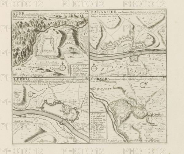 Àger and other cities in Catalonia, Ager, Balaguer, Lerida, Cervera, The Principal Fortifications & Fortresses of Spain, France, Italy, Savoy, Germany & the Netherlands, Accurate Illustrations of the Main Strong Cities and Fortresses in Spain, Germany and the Netherlands, print, album page, map, Presentation with four maps of cities in Catalonia. With texts in Dutch and French., printmaker: Abraham Allard, Amsterdam, printmaker: Carel Allard, publisher: Pieter van der Aa (I), Leiden, grantor of privilege: States of Holland and West Friesland, 1701 - 1733, paper, etching, height 231 mm x width 263 mm, fortifications, military engineering, maps of cities, War of Spanish Succession, Catalonia, Àger, Period, 1701 - 1713, A sepia-toned print showing a grid of four detailed map panels, each with hand-drawn fortifications, rivers, winding roads, cultivated fields, and surrounding hills; the top panels feature star-shaped forts and a broad river running horizontally with bridges and adjacent r...
