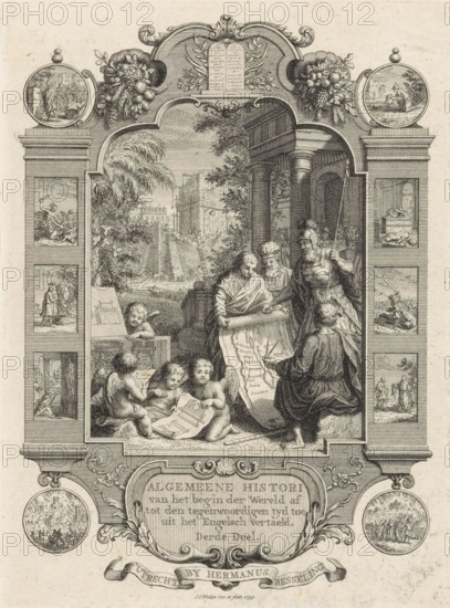Cartouche with the division of Canaan among the twelve tribes of Israel, Title page front: Kornelis Westerbaen, Algemeene histori, 1738, print, title page, Joshua and the priest Eleazar stand by a map of Canaan, alongside which two young men also stand. They divide the territory among the twelve tribes of Israel (descended from the sons of patriarch Jacob). Behind them stands a king under a portico. On the left sit putti with drawings of, among other things, an altar and a seven-branched candlestick. In the background, buildings are being erected. In the framing of the cartouche Biblical scenes., printmaker: Jan Caspar Philips, publisher: Hermanus Besseling, Utrecht, 1739, paper, etching, engraving, height 174 mm x width 124 mm, Title page before: Westerbaen, Kornelis. Algemeene histori van het begin der Wereld af tot den hedenen tyd toe, Derde Deel. Utrecht: Besseling, Hermanus, 1738. Print originating from a scrapbook with title prints, ornaments etc. on blue paper, disassembled in 1...