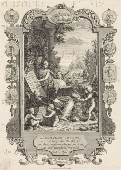 Title page for: Kornelis Westerbaen, Algemeene histori, 1740, Cartouche with allegory on the history of the Greeks, print, title page, History in conversation with a woman pointing to a sheet of paper depicting various Greek cities. In the background, Aeneas saving his father Anchises from burning Troy. In the frame of the cartouche, medallions with gods of Olympus., printmaker: Jan Caspar Philips, publisher: Hermanus Besseling, Utrecht, paper, engraving, etching, height 170 mm x width 121 mm, Title page for: Westerbaen, Kornelis. General Histories from the Beginning of the World to the Present Time, Fifth Part. Utrecht: Besseling, Hermanus, 1740. Print from a scrap album with title prints, ornaments, etc. on blue paper, taken apart in 1983. According to a note on the verso, the print was on p. 106 of this album., 'Historia', the Olympian gods together: Jupiter, Juno, Neptune, Ceres, Apollo, Diana, Mars, Venus, Mercury, Minerva, Vulcan, Vesta (or Bacchus), 'Pius Aeneas': Aeneas, leadin...