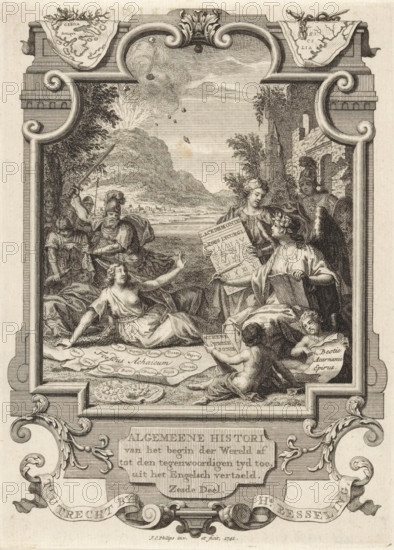 Cartouche with allegorical representation with History and Greek States, Title page front: Kornelis Westerbaen, Algemeene histori, 1741, print, title page, History with book and quill is surrounded by personifications of ancient Greek states and Minerva with shield as a personification of wisdom to support her. Next to her stands Sparta with the laws of Lycurgus. In front of them lies Achaea with a map of the Achaean League on the ground. Behind that lies Sicily surrounded by soldiers, by whom it is unleashed. In the background, the volcano Mount Etna spewing. In the framing of the cartouche, maps of Greece and Sicily., printmaker: Jan Caspar Philips, publisher: Hermanus Besseling, Utrecht, paper, engraving, etching, height 170 mm x width 122 mm, Title page before: Westerbaen, Kornelis. Algemeene histori van het begin der Wereld af tot den hedenen tyd toe, Sixth Part. Utrecht: Besseling, Hermanus, 1741. Print originating from a scrapbook with title prints, ornaments, etc. on blue paper...
