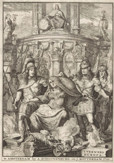 Title page for: Pieter Valckenier, 't Verwerd Europa, ofte Politijke en historische beschryvinge der waare fundamenten, van de oorlogen, in Europa, 1742, Personification of Europe liberated from the net of wars by European rulers, print, title page, The personification of Europe is liberated from the net of wars by European rulers. In the background, a crowned woman sits on a throne with a globe. On either side stand statues of Peace (Pax) and War (Bellum). Surrounding trophies of, among others, Justice (Iusticia), Religion (Religio), and Politics (Politia)., printmaker: Jan Ruyter (I), publisher: Antoni Schoonenburg, Amsterdam, publisher: Johannes Rotterdam, Jan Ruyter (I), Antoni Schoonenburg, Johannes Rotterdam, printmaker, publisher, paper, engraving, etching, height 183 mm x width 131 mm, Title page before: Valckenier, Pieter. 't Verwerd Europa, in Europa. Amsterdam: Schoonenburg, Antoni, Rotterdam, Johannes, 1742. Print originating from a scrapbook with title prints, ornaments, e...