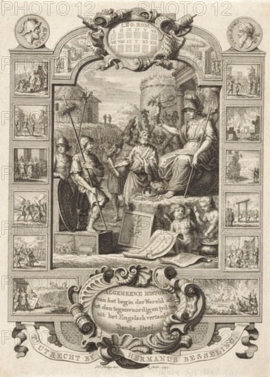Cartouche with allegory of the Roman Empire, Title page front: Kornelis Westerbaen, Algemeene histori, 1744, print, title page, The personification of the Roman Empire sits with a statue of Victoria in her hand and crowns at her feet. In front of her stand personifications of the early and late Roman Empire. Beside her stand a man with a scroll and a group of soldiers. In the background, a thatched-roof dwelling and a tower and portal depict the early and late periods of the Empire. In the framing of the cartouche, scenes relating to the history of the Empire and portrait medallions of Aeneas and possibly historian Pompeius Tragus., printmaker: Jan Caspar Philips, publisher: Hermanus Besseling, Amsterdam, paper, engraving, etching, height 177 mm x width 130 mm, Title page before: Westerbaen, Kornelis. Algemeene histori van het begin der Wereld af tot den hedenen tyd toe, Tiende Deel. Utrecht: Besseling, Hermanus, 1744. Print originating from a scrapbook with title prints, ornaments, et...