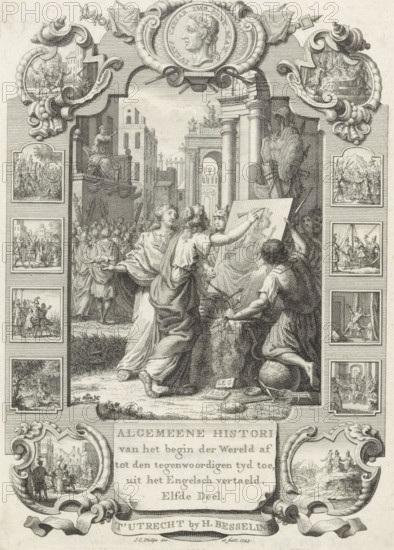 Cartouche with allegorical representation with portrait of Monarchy, Title page front: Kornelis Westerbaen, Algemeene histori, 1745, print, title page, A woman draws a portrait of the personification of the monarchy, while leaning on a pedestal with crowns and scepters. Beside her stands a woman with a salamander on her hand and a figure seen from the back with his knee on a globe and sword and arrows in his hand. Behind the portrait is a military trophy. On the left in the background sits a enthroned figure on a raised platform before a crowd. In the framing of the cartouche, scenes related to the history of the Roman Empire., printmaker: Jan Caspar Philips, publisher: Hermanus Besseling, Amsterdam, paper, engraving, etching, height 173 mm x width 125 mm, Title page for: Westerbaen, Kornelis. Algemeene histori van het begin der Wereld af tot den hedenen tyd toe, Eleventh Part. Utrecht: Besseling, Hermanus, 1745. Print originating from a scrapbook with title prints, ornaments, etc. on ...