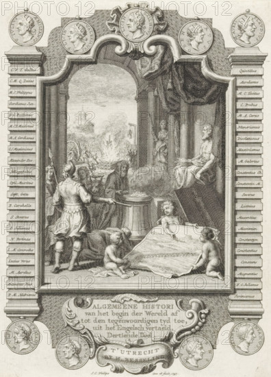 Cartouche with allegory on the history of the Romans, Title page before: Kornelis Westerbaen, Algemeene histori, 1747, print, title page, A priest stands by a burning sacrificial column. In the foreground, putti with paintings depicting the bridge over the Danube and the column of Antoninus Pius. In the background, Christians being killed. The scene is enclosed in a cartouche with medallions containing the portraits and names of Roman emperors., printmaker: Jan Caspar Philips, publisher: Hermanus Besseling, Utrecht, paper, engraving, etching, height 172 mm x width 125 mm, Title page before: Westerbaen, Kornelis. General history from the beginning of the world until the present time, Part Thirteen. Utrecht: Besseling, Hermanus, 1747. Print originating from a scrapbook with title pages, ornaments, etc. on blue paper, disassembled in 1983. According to a note on the verso, the print was located on p. 108 of this album., sacrifice, Roman religion, persecution of believers, Rome, A detailed...