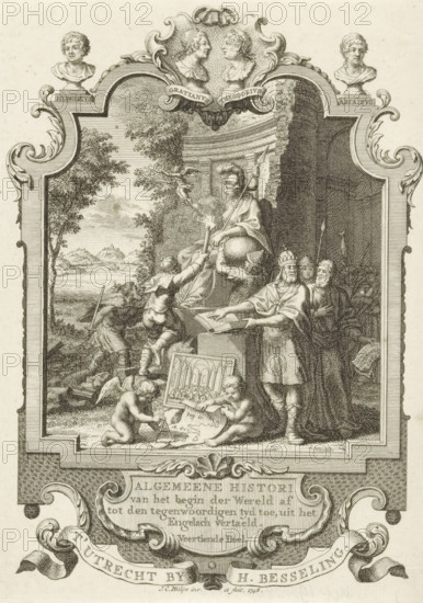 Cartouche with allegory on the end of the Roman Empire, Title page front: Kornelis Westerbaen, Algemeene histori, 1748, print, title page, The personification of Rome sits enthroned with spear, globe, and statue of Victoria. Three men as personifications of the Goths, Huns, and Vandals trample the Italian landscape, run toward Rome with sword and burning torch, and take the globe from her. On the right, a king points out an open book to a group of men behind him. In the foreground, an image of a church interior and putti with a compass and a map. In the frame portrait busts of Roman emperors., printmaker: Jan Caspar Philips, publisher: Hermanus Besseling, Utrecht, paper, engraving, etching, height 167 mm x width 121 mm, Title page before: Westerbaen, Kornelis. Algemeene histori van het begin der Wereld af tot den hedenen tyd toe, Fourteenth Part. Utrecht: Besseling, Hermanus, 1748. Print originating from a scrapbook with title prints, ornaments etc. on blue paper, disassembled in 1983....