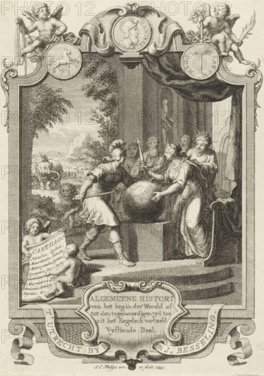 Title page for: Kornelis Westerbaen, Algemeene histori, 1749, Cartouche with allegory of Carthage, print, title page, A general and the personification of Carthage argue over a globe. In a niche, a statue of Saturn. On the left in the background, the Carthaginian people. The depiction is enclosed in a cartouche crowned by a medal with the portrait of the Carthaginian military commander Hannibal Barca., printmaker: Jan Caspar Philips, publisher: Hermanus Besseling, Utrecht, paper, engraving, etching, height 170 mm x width 120 mm, Title page for: Westerbaen, Kornelis. General History from the Beginning of the World to the Present Day, Fifth Part. Utrecht: Besseling, Hermanus, 1749. Print originating from a scrapbook with title pages, ornaments, etc. on blue paper, disassembled in 1983. According to a note on the verso, the print was located on p. 108 of this album. Person, Hannibal Barca, commander-in-chief, general, marshal, globe, cities represented allegorically or symbolically, speci...
