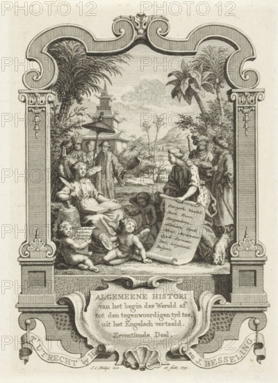 Cartouche with allegorical representation with History, Title page for: Kornelis Westerbaen, Algemeene histori, 1751, print, title page, History writes in her book. A woman shows her a sheet on which the peoples described in the book are listed. Beside her sit putti, one holding a medallion with the portrait of Totila, king of the Ostrogoths. In the background figures of various origins., printmaker: Jan Caspar Philips, publisher: Hermanus Besseling, Utrecht, paper, engraving, etching, height 169 mm x width 121 mm, Title page for: Westerbaen, Kornelis. Algemeene histori van het begin der Wereld af tot den hedenen tyd toe, Seventeenth Part. Utrecht: Besseling, Hermanus, 1751. Print from a scrapbook with title prints, ornaments, etc. on blue paper, disassembled in 1983. According to a note on the verso, the print was located on p. 109 of this album., Person, Totila (king of the Ostrogoths), 'Historia', cupids: 'amores', 'amoretti', 'putti', A detailed etched scene framed by an ornate dec...