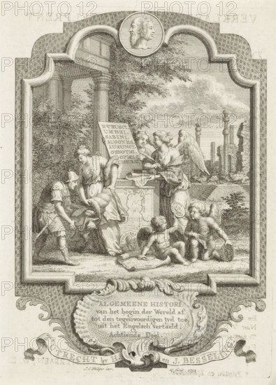 Title page for: Kornelis Westerbaen, Algemeene histori, 1752, Cartouche with allegory on the history of Etruria, print, title page, History at a monument depicting the map of Etruria and a medallion with the portrait of Pythagoras. In the background, Etruscan ruins. On the left in the foreground, a Roman receiving various art treasures from the Maid of Etruria. On the right in the foreground, putti holding medallions with the portraits of two Etruscan war heroes: Pelopidas and Epaminondas. In the frame of the cartouche, a medallion with a Janus head., printmaker: Jan Caspar Philips, publisher: Hermanus Besseling, Utrecht, paper, etching, engraving, height 169 mm x width 120 mm, Title page before: Westerbaen, Kornelis. Algemeene histori van het begin der Wereld af tot den hedenen tyd toe, Achtiende Deel. Utrecht: Besseling, Hermanus, 1752. Print originating from a scrapbook with title prints, ornaments, etc. on blue paper, disassembled in 1983. According to a note on the verso, the prin...