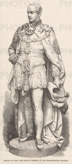Portrait of Albert, Prince of Saxe-Coburg and Gotha, print, book illustration, printmaker: unknown, after sculpture by Joseph Durham, 1867, Joseph Durham, after sculpture by, paper, wood engraving, letterpress printing, wood engraving and text in letterpress, height 242 mm x width 110 mm, A monochrome engraving of a full-length statue of a man standing on a round plinth, wearing ornate historic clothing including a short tunic, a cloak draped over one shoulder with an emblem on the sleeve, and decorative boots; he has a high collar and a chain with a large medallion across his chest, a sash tied at the waist with tassels, and detailed cuffs; one hand rests on his hip while the other holds a plumed hat; the figure has short hair and a mustache and is depicted with a composed facial expression.