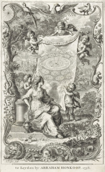 Allegory of the Heavenly Jerusalem, The Great City of God, Title page for: Hermannus Samuel Reimarus, The Principal Truths of Natural Religion, in Ten Treatises, 1758, print, title page, A female personification with an incense burner seated by an image of The Great City of God, held by putti. In the background, the silhouette of the city of Jerusalem. Surrounded by a frame with animals such as a lion, snake, squirrel, and birds., printmaker: Abraham Delfos, publisher: Abraham Honkoop (I), Leiden, paper, etching, height 180 mm x width 110 mm, Title page for: Reimarus, Hermannus Samuel. The Principal Truths of Natural Religion, in Ten Treatises. Leiden: Honkoop, Abraham (I), 1758. Print from a scrapbook with title prints, ornaments, etc. on blue paper, disassembled in 1983. According to a note on the verso, the print was on p. 213 of this album., the New Jerusalem, the all-seeing eye, triangle with eye, symbol of God the Father, A detailed engraved scene shows a seated woman in flowing ...