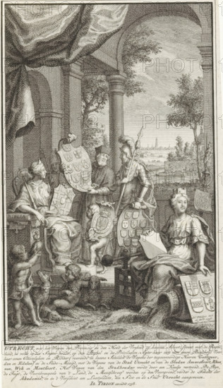 Title page for: Thomas Salmon and Jan Wagenaar, Tegenwoordige staat der Vereenigde Nederlanden, Eleventh part, 1758, Title page for: Thomas Salmon, Hedendaagsche historie, of Tegenwoordige staat van alle volken, 21st part, Allegory of the province of Utrecht, print, title page, The personification of the province of Utrecht is seated enthroned with crown, scepter, accompanying coat of arms, a Bible, and on her lap the liberty cap. Beside her stand a bishop, a cleric, a knight, and a putto with coats of arms. To the right sits the city maiden of Utrecht with the coats of arms of the cities of Utrecht, Amersfoort, Rhenen, and Montfoort. She sits on a flowing jug as a symbol of the Rhine. In the background a view of the city of Utrecht., printmaker: Jan Caspar Philips, publisher: Isaak Tirion, Amsterdam, paper, etching, engraving, height 0 mm x width 0 mm, Title page for: Salmon, Thomas and Wagenaar, Jan. Present State of the United Netherlands, Eleventh part. Amsterdam: Tirion, Isaak, 17...