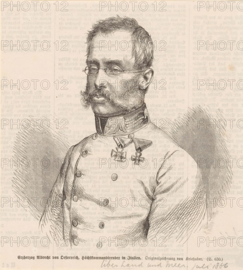 Portrait of Albrecht, Archduke of Austria and Duke of Teschen, print, book illustration, after drawing by Josef Kriehuber, 1866, printmaker, paper, wood engraving, letterpress printing, wood engraving and text in letterpress, height 155 mm x width 142 mm, A detailed ink portrait of a man shown from the chest up wearing a decorated military uniform with ornate collar and medals on his chest, his facial hair includes a full mustache and sideburns, he wears small round spectacles, his hair is short and slightly tousled, the drawing features fine crosshatching and stippling for shading and the background shows faint printed text visible through the paper.