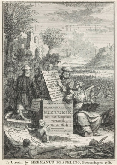 General Contemporary History Translated from English, Part One, Allegorical Representation with Muhammad, History and Arabs, Title Page Before: Sn, Contemporary History or The Continuation of General History, 1760, print, title page, The Prophet Muhammad shows the writing History the content of the Quran. In Muhammad's chest protrude a scepter, a snake, and a poniard (a stabbing weapon) as symbols of Ambition, Cunning, and Cruelty. In his right hand, he holds a mask. Behind the Prophet stand a man with a goat and an Arab with a roll of paper. In the foreground sit three putti with a map of Arabia. In the background fighting Arabs., printmaker: Jan Caspar Philips, after design by Jan Caspar Philips, publisher: Hermanus Besseling, Utrecht, 1759, Jan Caspar Philips, Hermanus Besseling, printmaker, publisher, paper, etching, engraving, height 167 mm x width 121 mm, Title page for: *Hedendaagsche historie of Het vervolg van de Algemeene historie*, Part One. Utrecht: Besseling, Hermanus, 176...