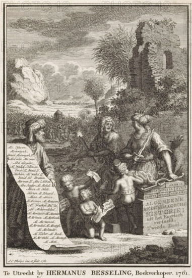 General Contemporary History Translated from English, Part Two, Allegorical Representation with Ambition and Arab, Title Page Before: Sn, Contemporary History or The Continuation of General History, 1761, print, title page, The personification of ambition stands with dagger and yoke. Next to her stands a figure in animal skin with a torch. On the left, an Arab points to a long scroll with names of caliphs. Between the trio, two putti are tearing papers, and a putti stands with a zodiac around his waist and a crescent moon on his head. In the background, a battle is taking place., printmaker: Jan Caspar Philips, publisher: Hermanus Besseling, Utrecht, paper, etching, engraving, height 172 mm x width 121 mm, Title page for: *Hedendaagsche historie of Het vervolg van de Algemeene historie*, Second part. Utrecht: Besseling, Hermanus, 1761. Print originating from a scrapbook containing title prints, ornaments, etc. on blue paper, disassembled in 1983. According to a note on the verso, the p...