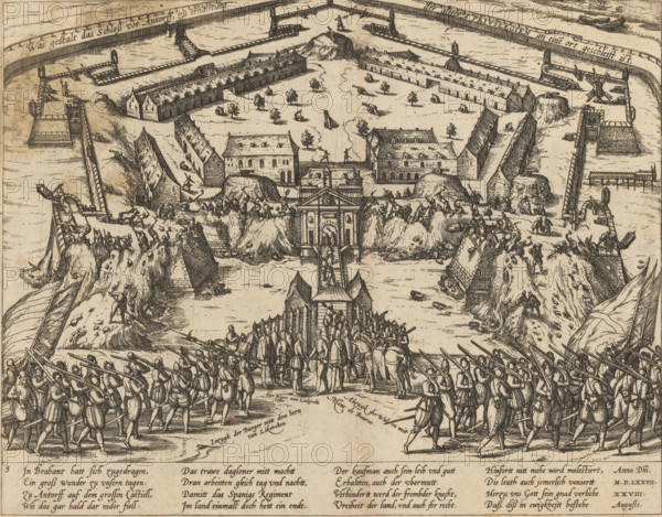 What the castle before Antwerp is doing to preserve the old privileges at one location, Demolition of the citadel of Antwerp, 1577, Series 8: Dutch Events, 1577-1583, print, album page, August 28, 1577. Under the leadership of Liedekercke and Bourse, the fortress is being demolished by the inhabitants of Antwerp. In the foreground on the right, the Walloon soldiers are departing. With a 16-line caption in German. Numbered bottom left: 131., printmaker: Frans Hogenberg, Cologne, 1577 - 1579, North Rhine-Westphalia, paper, etching, height 214 mm x width 274 mm, Person, Pontus de Noyelles, Baron Liedekercke, demolition of building, Demolition of Citadel of Antwerp, Antwerp, Citadel of Antwerp (16th century), Period, 1577-08-28, A wide engraved scene shows a fortified town with walls and bastions surrounding rows of buildings and open courtyards dotted with small trees and scattered cannons; in the foreground a large group of armed soldiers marches toward a raised gatehouse bridged over wa...