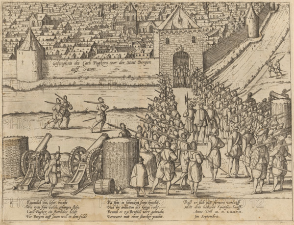 Carl Fugger and Fronsberger captured before Bergen op Zoom, 1577, Gefengknis des Carls Fugkers vor der Statt Bergen auff Saum, Serie 8: Nederlandse Gebeurtenissen, 1577-1583, print, album page, The German army commanders Carl Fugger (Focker) and Fronsberger are handed over by the magistrate of Bergen op Zoom to the States Army near Champagney, September 13, 1577. With a 10-line caption in German. Numbered: 6., printmaker: Frans Hogenberg, Cologne, 1577 - 1579, North Rhine-Westphalia, paper, etching, height 212 mm x width 281 mm, Person, Frédéric Perrenot, Fronsberger, Karl Fugger, Eighty Years' War, Bergen op Zoom, Period, 1577-09-13, A densely built town with many tightly packed gabled roofs and several church towers sits behind a high fortified wall and gate through which a procession of uniformed soldiers is passing; outside the wall a formation of armed soldiers with long spears or pikes stands in ranks facing the gate while a small group of officers or leaders stands nearby, and f...