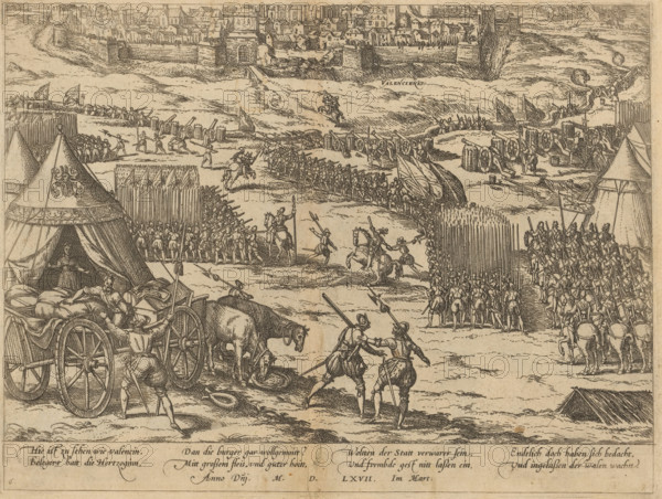 Capture of Valenciennes, 1567, Series 5: Dutch Events, 1566-1570, print, album page, Capture of Valenciennes. The city is recaptured from the Calvinists by the Lord of Noircarmes, March 1567. View of the city from the Noircarmes army camp. With an 8-line caption in German. Numbered: 6., printmaker: Frans Hogenberg, Cologne, 1567 - 1570, North Rhine-Westphalia, paper, etching, height 211 mm x width 280 mm, Person, Philippe de Sainte-Aldegonde Noircarmes, capture of city (after the siege), Inneming van Valenciennes (1567), Valenciennes, Period, 1567-03, A detailed engraving shows a large fortified town in the background with walls, towers, and clustered buildings, while in the foreground a military encampment and battlefield scene unfolds. Rows of infantry with long pikes form dense squares and face lines of soldiers; cavalry riders charge and engage with spears. Tents of different sizes are pitched near wagons and horses, one tent shown open with a reclining figure inside and a standing...