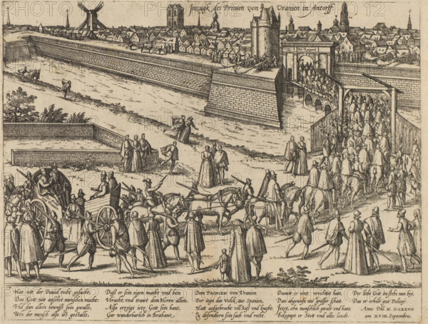 Entry of the Prince of Uranien into Antwerp, Entry of the Prince of Orange into Antwerp, 1577, Series 8: Dutch Events, 1577-1583, print, album page, September 18, 1577. Procession with the Prince of Orange in an open carriage enters the city through the Roopoort, Rodepoort. With an 18-line caption in German. Numbered: 7., printmaker: Frans Hogenberg, Cologne, 1577 - 1579, North Rhine-Westphalia, paper, etching, height 214 mm x width 279 mm, Person, William I (Prince of Orange), triumphal entry and public reception, pageant, 'entrée solennelle', 'joyeuse entrée', Eighty Years' War, Antwerp, Rodepoort, Period, 1577-09-18, A wide busy scene rendered in fine monochrome lines shows a fortified city with high stone walls and towers, a gate with a covered bridge leading into the town, and a river or moat running alongside the fortifications; many small clustered houses and taller church spires fill the background skyline, and in the foreground a procession of armed figures, horses, wagons, an...