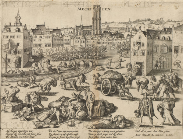 Sack of Mechelen, 1572, Series 6: Dutch Events, 1571-1576, print, album page, Sack of Mechelen by the army of Alva, under the command of his son Don Frederik, October 1, 1572. Goods are being collected in the market and carried away by the soldiers. In the center of the foreground, a standing weeping naked mother with children. With a caption of 10 lines in German. Numbered: 7., printmaker: Frans Hogenberg, Cologne, 1572 - 1574, North Rhine-Westphalia, paper, etching, height 217 mm x width 286 mm, Person, Fadrique Alvarez de Toledo, plundering, soldiers, Plundering of Mechelen, Mechelen, Period, 1572-10-01, A detailed ink engraving of a city scene with a waterfront and a bridge in front of a row of tall buildings and a central tower, showing numerous people, and horses engaged in activity. Boats are on the water near the shore and figures load and unload sacks and goods. A group of soldiers with pikes or spears forms a line near the bridge while others move into the city gate. People c...