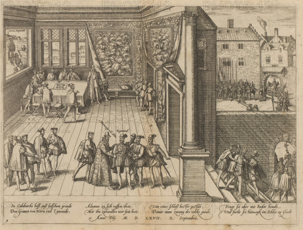 Capture of Egmond and Horne, 1567, Series 5: Dutch Events, 1566-1570, print, album page, Capture of the Counts of Egmond and Horne by Alva in the Court of Culemborg on the Zavel in Brussels, September 10, 1567. View of the hall where, in the foreground, Alva in a long cloak places his hand on Egmond's shoulder; on the right, Horne is being led away. In the background, Alva rises from discussions at a table. With an 8-line caption in German. Numbered: 9., printmaker: Frans Hogenberg, Cologne, 1567 - 1570, Frans Hogenberg, printmaker, North Rhine-Westphalia, paper, etching, height 211 mm x width 284 mm, Person, Fernando Álvarez de Toledo (3rd Duke of Alba), Philip of Montmorency (Count of Horne), Lamoraal Count of Egmond, law and jurisprudence (judgment), Eighty Years' War, Brussels, Zavel, Period, 1567-09-10, A detailed monochrome engraving of an interior hall with a high ceiling and patterned tapestry panels on the walls, showing groups of men in period clothing gathered and conversing...