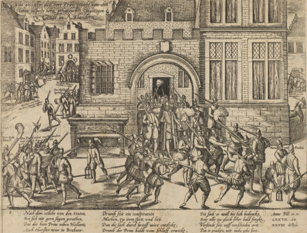 Duke of Aarschot captured in Ghent, 1577, Was gestaltt der staten suspecte hern, gefengklich ingezogen zu Gendt in Flandern, Series 8: Dutch Events, 1577-1583, print, album page, The capture of the Duke of Aarschot and other nobles in the Court of S. Baeffs in Ghent, October 28, 1577. With a 12-line caption in German. Numbered: 9., printmaker: Frans Hogenberg, Cologne, 1577 - 1579, North Rhine-Westphalia, paper, etching, height 211 mm x width 274 mm, Person, Philip III of Croÿ (4th Prince of Chimay, 3rd Duke of Aarschot, 4th Count of Beaumont), imprisonment, Ghent Uprising, Ghent, Sint-Bavo Hof, Period, 1577-10-28, A detailed ink drawing of a town scene showing a large stone building with tall mullioned windows and an arched gateway surrounded by a crowd of armed men carrying long pole weapons and wearing hats with brims or plumed helmets, some moving toward the arch and others advancing across a paved street; a smaller group stands on a raised platform or stairs near the building entr...