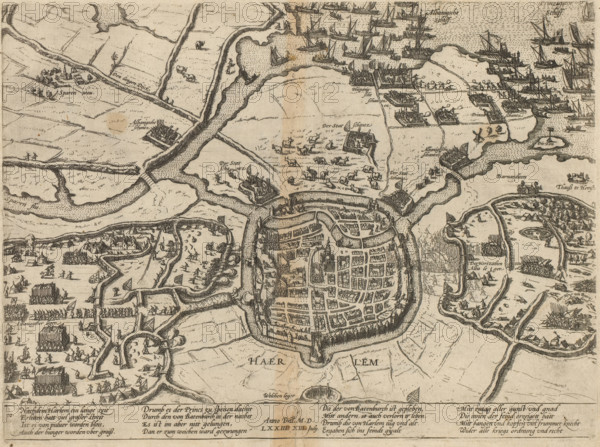 Siege of Haarlem, 1572, Series 6: Dutch Events, 1571-1576, print, album page, Map of the city of Haarlem and the surrounding area with the encampments of the besieging Spanish troops of Don Frederik. Above: ships of Alva and the Prince of Orange on the waters of the Haarlemmermeer. The siege commenced on December 11, 1572. With a 16-line caption in German. Numbered: 10., printmaker: Frans Hogenberg, Cologne, 1572 - 1574, North Rhine-Westphalia, paper, etching, height 220 mm x width 299 mm, Person, Fadrique Alvarez de Toledo, siege, position war, Haarlem, Period, 1572-12, A detailed monochrome engraved map showing a walled circular town with streets and buildings inside, surrounded by moats and earthworks, with waterways and bridges connecting to surrounding countryside; numerous ships and boats cluster in the upper area of the image near shorelines and small fortified positions, while fields, roads, tents, and groups of soldiers or figures populate the land around the town; small clust...