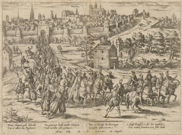 Margaretha van Parma departs from Brussels, 1567, Series 5: Dutch Events, 1566-1570, print, album page, Margaretha van Parma is escorted out of Brussels by the Duke of Alva upon her departure, December 30, 1567. The procession of horsemen rides out of the city gate. With a 4-line caption in Latin. Numbered: 10., printmaker: Frans Hogenberg, Cologne, 1567 - 1570, North Rhine-Westphalia, paper, etching, height 211 mm x width 282 mm, Person, Fernando Álvarez de Toledo (3rd Duke of Alba), Regent of the Netherlands Margaret of Parma, Eighty Years' War, Brussels, Period, 1567-12-30, A detailed ink engraving shows a walled city on a hill with towers and a large cathedral rising above clustered rooftops, a gate in the city wall with figures passing through, and defensive towers along the ramparts. In the foreground a procession of mounted soldiers and footmen advances toward the gate, many wearing period clothing and helmets and carrying long lances and standards; some riders gesture or look t...