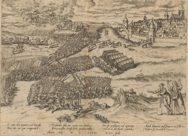 Battle of Dahlen, 1568, Series 5: Dutch Events, 1566-1570, print, album page, Battle of Dahlen or Daalheim. Stated on the print as July 22, actually April 25. In the foreground a farmer leaning on a spade and a woman with her arms in the air, in the distance the town of Dahlen. With an 8-line caption in German. Numbered: 11., printmaker: Frans Hogenberg, Cologne, 1568 - 1570, North Rhine-Westphalia, paper, etching, height 208 mm x width 280 mm, battle (land forces), Eighty Years' War, Rheindahlen (Mönchengladbach), Period, 1568-04-25, A detailed monochrome engraving shows a wide battlefield scene with dense ranks of soldiers in close formation holding long spears, some fallen and others clashing at the front. Horsemen charge and ride across the field toward clustered infantry while wagons drawn by teams of horses are positioned behind the lines. In the distance a walled town with towers, steep-roofed houses, and a gate stands on a rise, with figures moving near its walls and a bridge l...