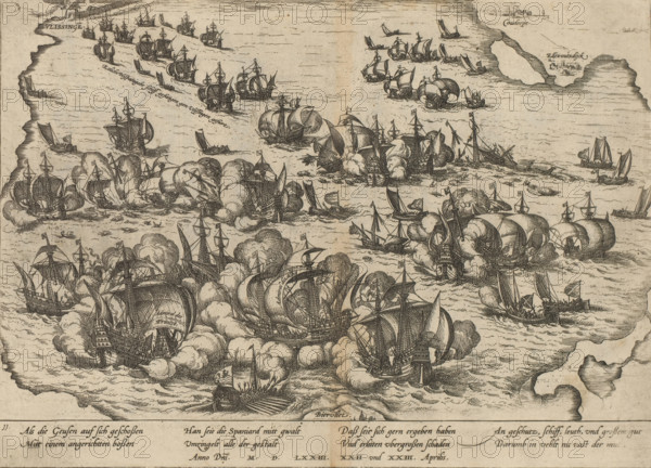 Victory over the Spanish fleet at Vlissingen, 1573, Series 6: Dutch Events, 1571-1576, print, album page, April 22-23, 1573. The Spanish ships attempting to relieve Middelburg are defeated by the Sea Beggars on the Scheldt near Vlissingen. With an 8-line caption in German. Numbered: 11., printmaker: Frans Hogenberg, Cologne, 1573 - 1575, North Rhine-Westphalia, paper, etching, height 212 mm x width 295 mm, battle (naval force), Eighty Years' War, Flushing, Scheldt, Period, 1573-04-22 - 1573-04-23, A detailed engraved scene of numerous sailing ships on a textured sea, many with billowing sails and visible rigging, several ships appearing to emit large clouds of smoke and puffs suggesting explosions, smaller boats interspersed among larger galleons, a coastline with rocky edges framing parts of the image, clusters of ships grouped closely together, a variety of sail shapes and flags atop masts, densely shaded hulls and ornate sterns on some vessels, visible waves and wake lines around th...