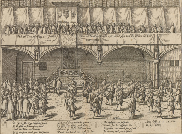 Matthias takes the oath as governor in Brussels, 1578, Wie der Ertz Hertzog zu Ostenreich und der Prins von Uranien Gott, dem Kunig und den Staten der Eidt thunt int Brusse, Series 8: Dutch Events, 1577-1583, print, album page, 1578. The prince, with raised hand, administers the oath to the Archduke, whose hand rests on a book. Standing on a balcony between members of the States General, soldiers below. With a 12-line caption in German. Numbered: 14., printmaker: Frans Hogenberg, Cologne, 1578 - 1580, North Rhine-Westphalia, paper, etching, height 211 mm x width 283 mm, Person, William I (Prince of Orange), Matthias of Austria (Holy Roman Emperor), new ruler taking the oath, Entry and appointment of Matthias of Austria in Brussels, Brussels, Period, 1578-01-20, A detailed engraving shows an elevated balcony draped with large curtains and lined with seated and standing figures wearing long cloaks, with a central panel above the balcony bearing three ornamental shields and a decorative b...