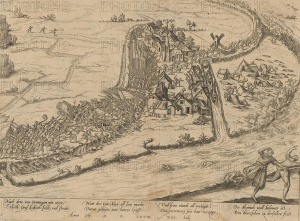 Battle of Jemmingen, 1568, Series 5: Dutch Events, 1566-1570, print, album page, July 21, 1568. The army of Louis of Nassau is defeated by Alva near the village of Jemmingen. Some save themselves by jumping into the water of the Ems River. With an 8-line caption in German. Numbered: 14., printmaker: Frans Hogenberg, Cologne, 1568 - 1570, North Rhine-Westphalia, paper, etching, height 210 mm x width 278 mm, Person, Fernando Álvarez de Toledo (3rd Duke of Alba), Louis Count of Nassau, battle, fighting in general, Lower Saxony, Jemmingen, Period, 1568-07-21, A detailed ink drawing shows a riverside settlement with clustered houses and a church near a curved waterway, a windmill on a bend, tents and figures near the shore, and groups of armed soldiers clashing with pikes and artillery along embankments; boats and carts appear near the riverbank, people run and gesture among the buildings, some figures wade or swim in the water, and a foreground scene shows two figures near the river edge w...