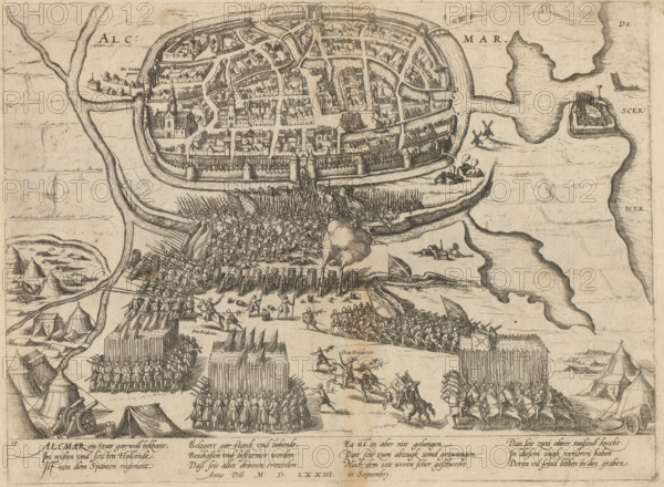 Siege of Alkmaar, 1573, Series 6: Dutch Events, 1571-1576, print, album page, Plan of the siege of Alkmaar, August and September 1573. View of the city and the surrounding area. In the foreground the encampment of the besieging troops under the command of Don Frederik, on the right the Schermer. With a 12-line caption in German. Numbered: 15., printmaker: Frans Hogenberg, Cologne, 1573 - 1575, North Rhine-Westphalia, paper, etching, height 217 mm x width 294 mm, Person, Fadrique Alvarez de Toledo, siege, position war, Alkmaar, Period, 1573-08, A detailed monochrome engraving showing a fortified walled town with streets, clustered buildings, towers, and gates, surrounded by water and landforms; outside the walls are tents, encampments, cannon, and dense formations of soldiers with spears and pikes advancing toward the town while organized ranks and square formations stand near defensive palisades and artillery; smoke and explosion clouds rise near the town walls where troops and siege e...