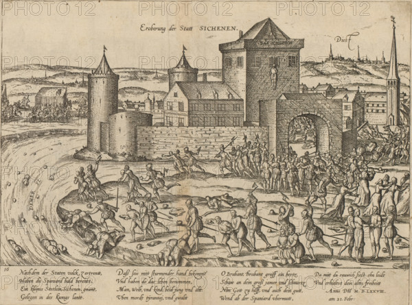 Conquest of the Town of Sichenen, Punishment of Zichem, 1578, Series 8: Dutch Events, 1577-1583, print, album page, Conquest and punishment of the town of Zichem by the troops of the Duke of Parma, February 21, 1578. Outside the city gate, a large number of citizens are killed and their bodies thrown into the river. In the distance, the city of Diest. With a 14-line caption in German. Numbered: 16., printmaker: Frans Hogenberg, Cologne, 1578 - 1580, North Rhine-Westphalia, paper, etching, height 212 mm x width 284 mm, Person, Alessandro Farnese (Governor of the Netherlands and Duke of Parma and Piacenza), massacre, war, Zichem, Period, 1578-02-21, A wide ink drawing shows a walled town with towers, a gate with an archway, and multi-storey buildings behind ramparts, with a tall steeple visible to the right and hills and distant settlements on the horizon; numerous small figures in period dress fill the foreground and midground, many armed with spears, pikes, or clubs and shown running, ...