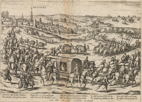 Alva leaves the Netherlands, 1573, Series 6: Dutch Events, 1571-1576, print, album page, December 1573. In a large procession, the Duke departs from Brussels in a sedan chair for Spain. He greets the new governor Requesens, who is riding towards Brussels. With a 10-line caption in German. Numbered: 18., printmaker: Frans Hogenberg, Cologne, 1573 - 1575, North Rhine-Westphalia, paper, etching, height 210 mm x width 289 mm, Person, Fernando Álvarez de Toledo (3rd Duke of Alba), Luis de Zúñiga y Requesens, (carrying a person in a) sedan-chair, Eighty Years' War, Brussels, Period, 1573-12, A wide landscape scene rendered in fine linework shows a procession of mounted figures and pack animals moving along a road with many riders wearing cloaks and helmets and carrying spears or lances; ornate covered wagons appear among the party with a seated figure visible inside one shelter, and attendants walk alongside and behind the horses. In the middle ground a fortified town with walls, towers, and...