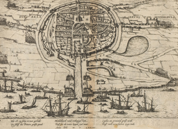 The Siege of Middelburg, Siege of Middelburg, 1574, Series 6: Dutch Events, 1571-1576, print, album page, Siege of Middelburg by the rebels, January 1574. View of the besieged city and the surroundings. In the foreground the ships of the Geuzen, Fort Rammekens and Arnemuiden. With a caption of 6 lines in German. Numbered: 19., printmaker: Frans Hogenberg, Cologne, 1574 - 1576, North Rhine-Westphalia, paper, etching, height 215 mm x width 297 mm, siege, position war, Middelburg, Walcheren, Arnemuiden, Fort Rammekens, Period, 1574-01, A detailed bird’s-eye ink drawing of a circular walled town with concentric streets and buildings clustered around a central square and multiple churches, connected by a straight causeway or bridge leading out over water toward a busy harbor filled with a variety of sailing ships and small boats, with defensive bastions and guard towers at the town’s gate and along the waterway, surrounding marshy fields and farm plots with scattered cottages, figures walki...